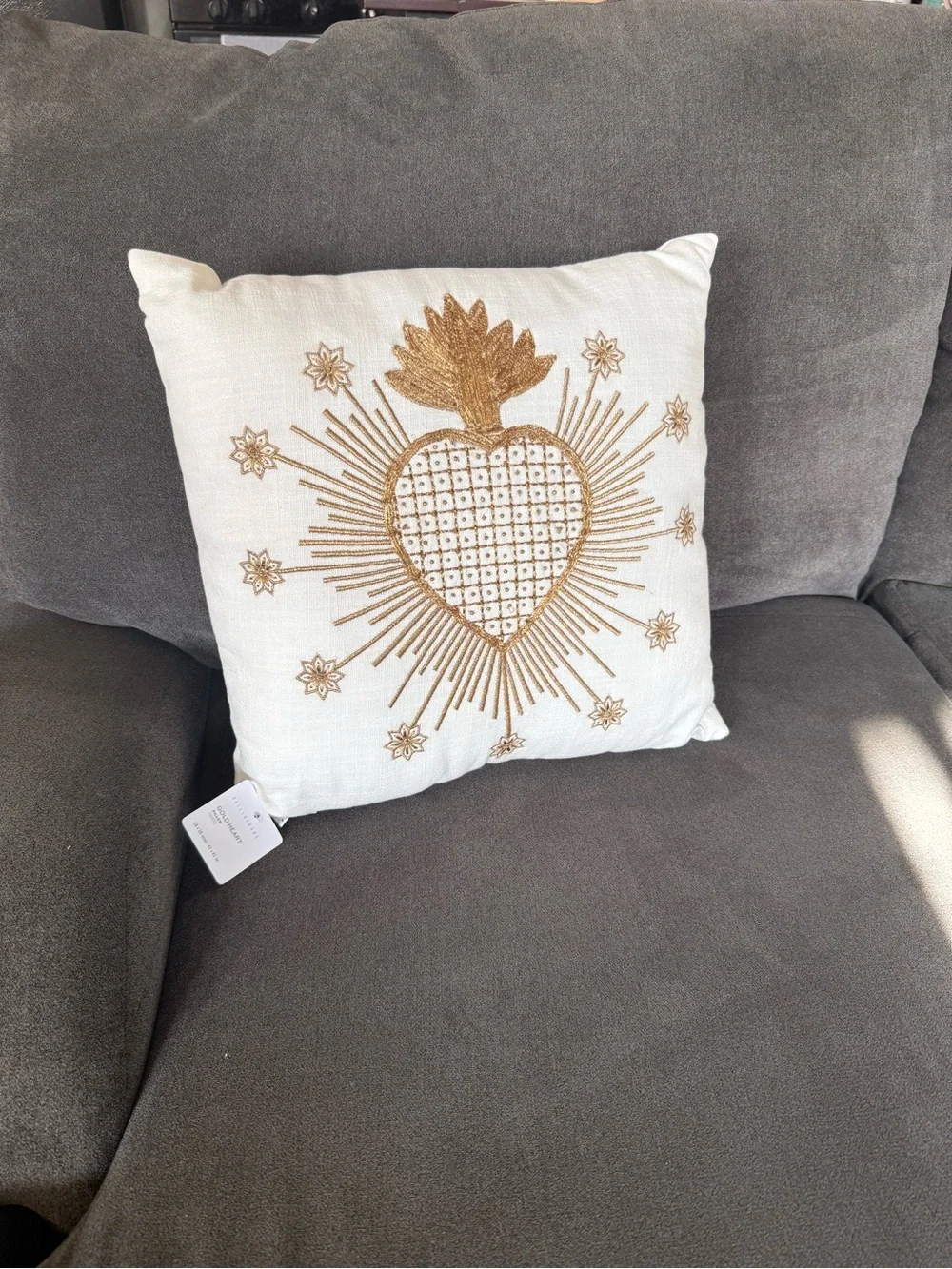 Pottery Barn Gold Heart Filled Pillow